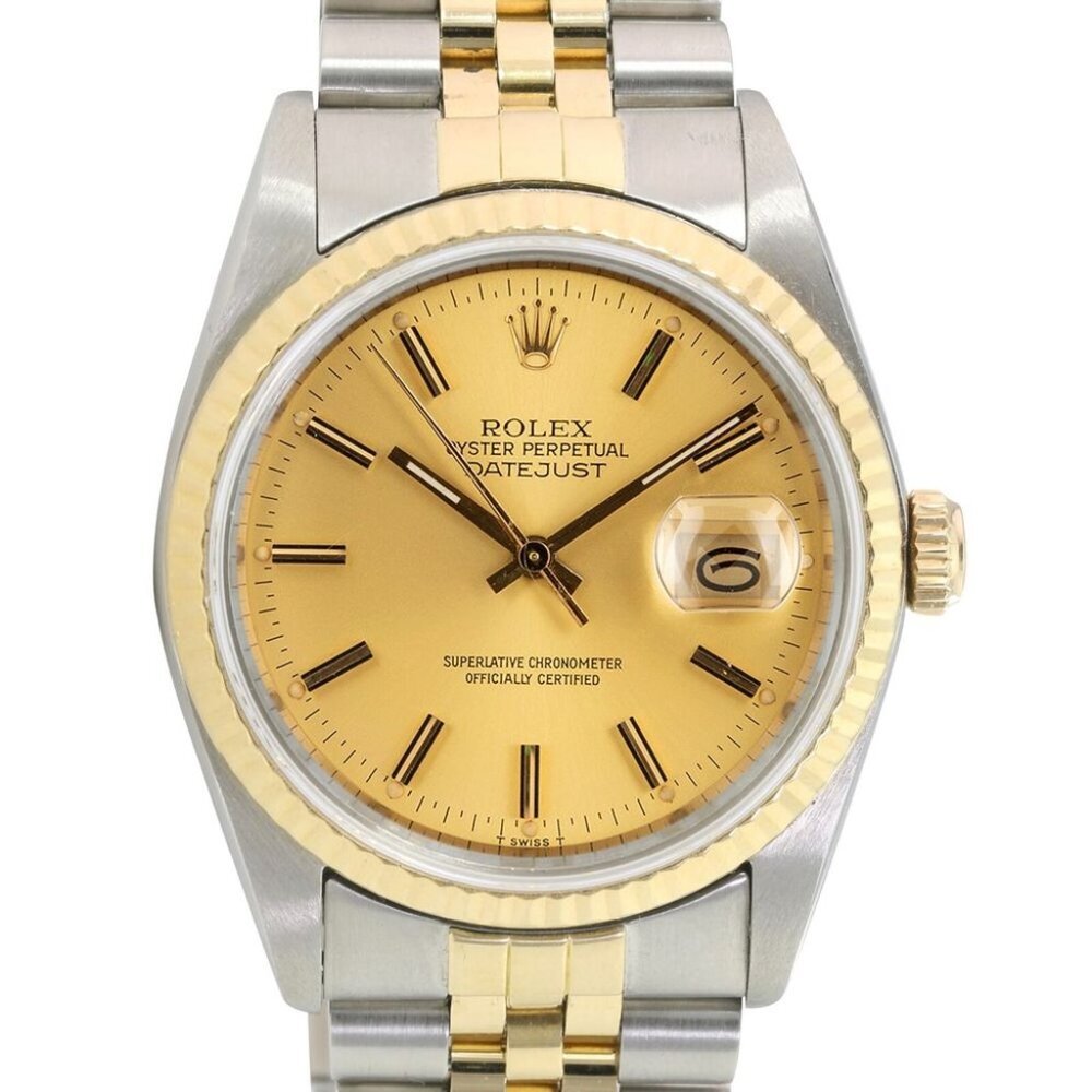 ROLEX DATEJUST CHAMPAGNE INDEX DIAL 18KY FLUTED JUBILEE TWOTONE WATCH 36MM 16233